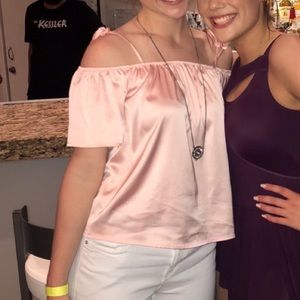 pink silk off the shoulder top